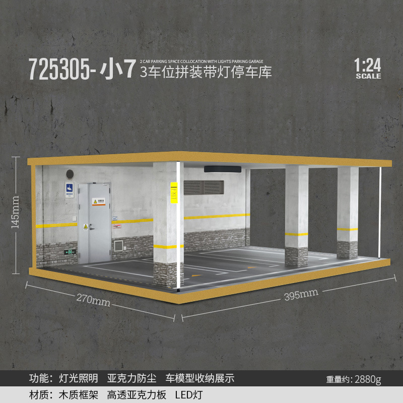 Comercio exterior al por mayor transfronterizo 1 24 simulación modelo de coche estacionamiento modelo escena garaje pantalla con decoración ligera