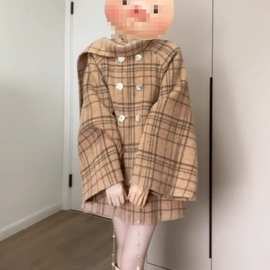 甜美风富家千金格子毛呢大衣女秋冬季新款小个子宽松短款毛呢外套