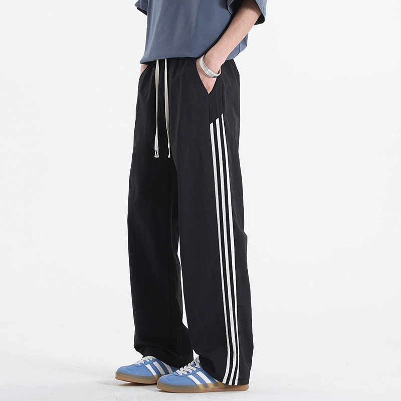 Весна и лето тонкие винтажные свободные полосатые спортивные брюки американские тройные брусья мужские и женские пары прямые спортивные повседневные брюки