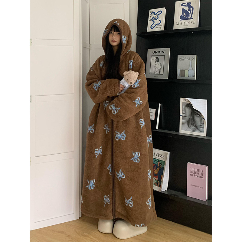 GraceChic GraceChic - Camisón de forro polar coral con estampado de mariposas y flores marrones para otoño e invierno, para mujer, con capucha y felpa, talla grande, para estar en casa_voghion.com