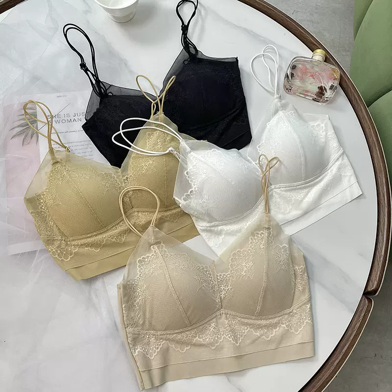 美背蕾丝内衣女固定杯垫一体式无钢圈性感聚拢无痕抹胸吊带背心女
