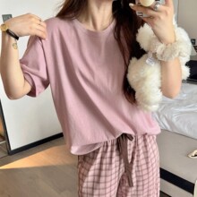 韩系慵懒格格套装夏季新款短袖长裤显瘦轻薄透气舒适家居服套装