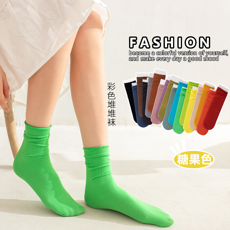 Calcetines de pila de las mujeres color caramelo curling boca suelta calcetines de maternidad padre-niño color brillante color sólido estilo de la Universidad media-pantorrilla al por mayor