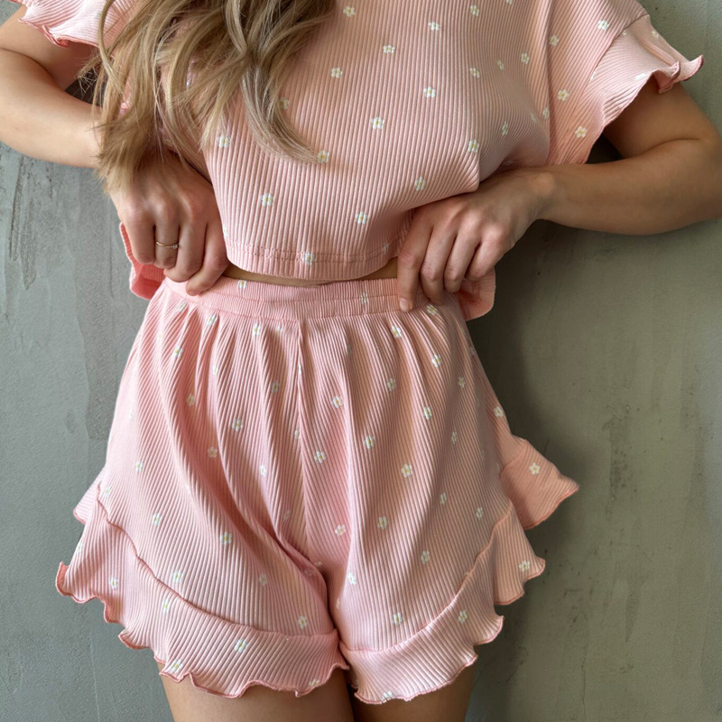 Summer Ladies Casual Printing Suit Ruffled Short Sleeve round Neck Shorts Pajamas Two Piece Set 10 Summer Ladies Casual Printing Suit Ruffled Short Sleeve round Neck Shorts Pajamas Two Piece Set