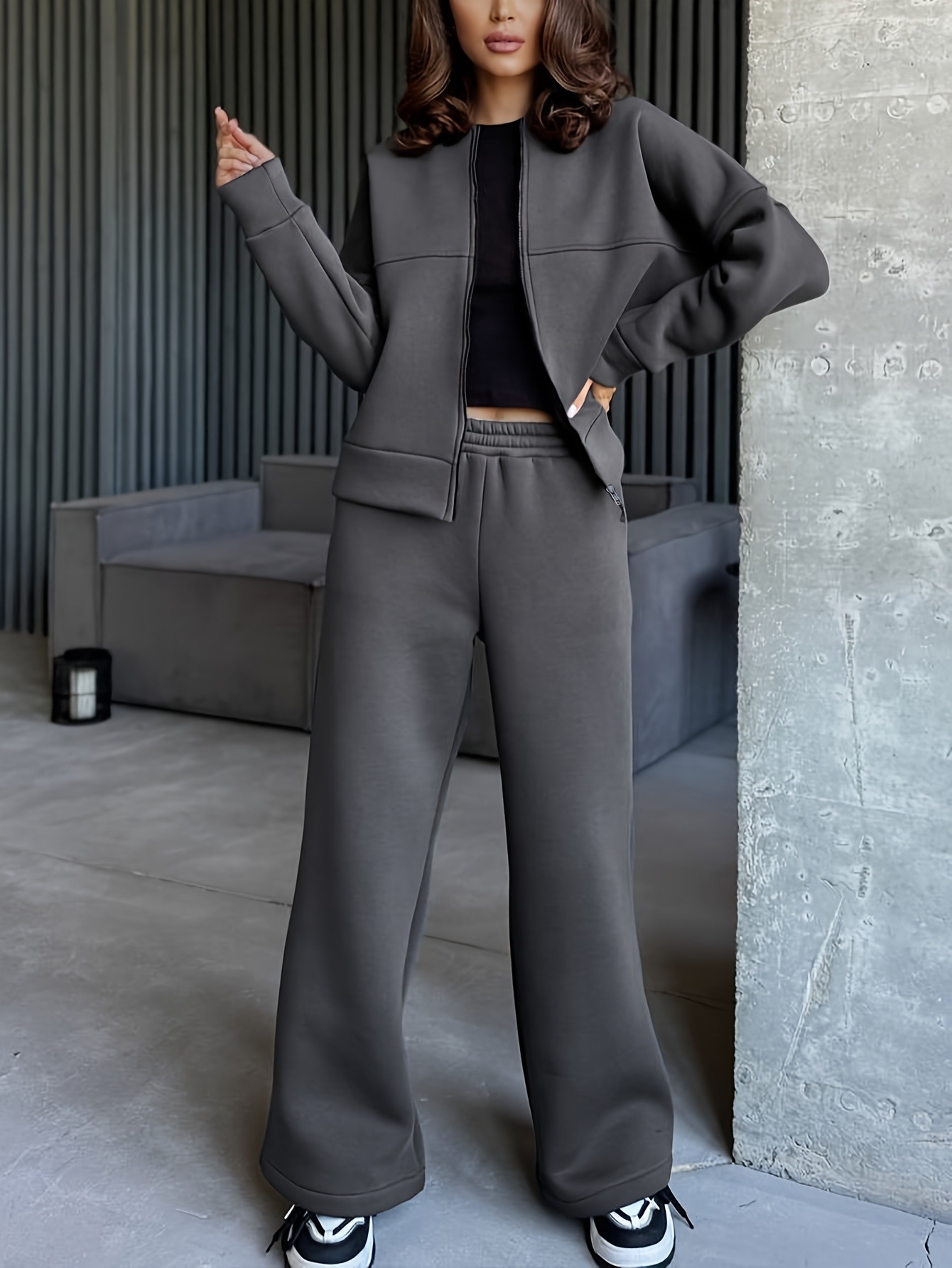 Große Größen Damen Sportswear Set Jacke Mit Gerader Hose_voghion.com