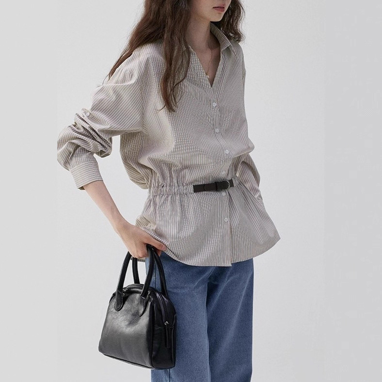 "Wasabi Pie Vooe" Design V Neck Waist Stripesd Loose Shirt Women's Early Autumn New Elegant Work Clothing Top