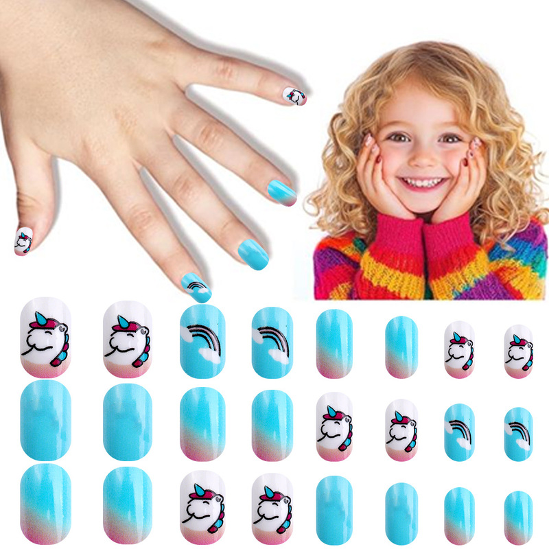 Children's Manicure, Cute and Childlike Blue Fake Nails, Rainbow Unicorn Pattern, White Clouds, Fake Nails for Little Girls Children's Manicure, Cute and Childlike Blue Fake Nails, Rainbow Unicorn Pattern, White Clouds, Fake Nails for Little Girls