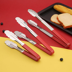 Stainless Steel Food Tongs, Thickened Red-Grip Three-Strap Tongs with Plum Blossom Design, Household Kitchen Tools for Steak, BBQ, and Bread