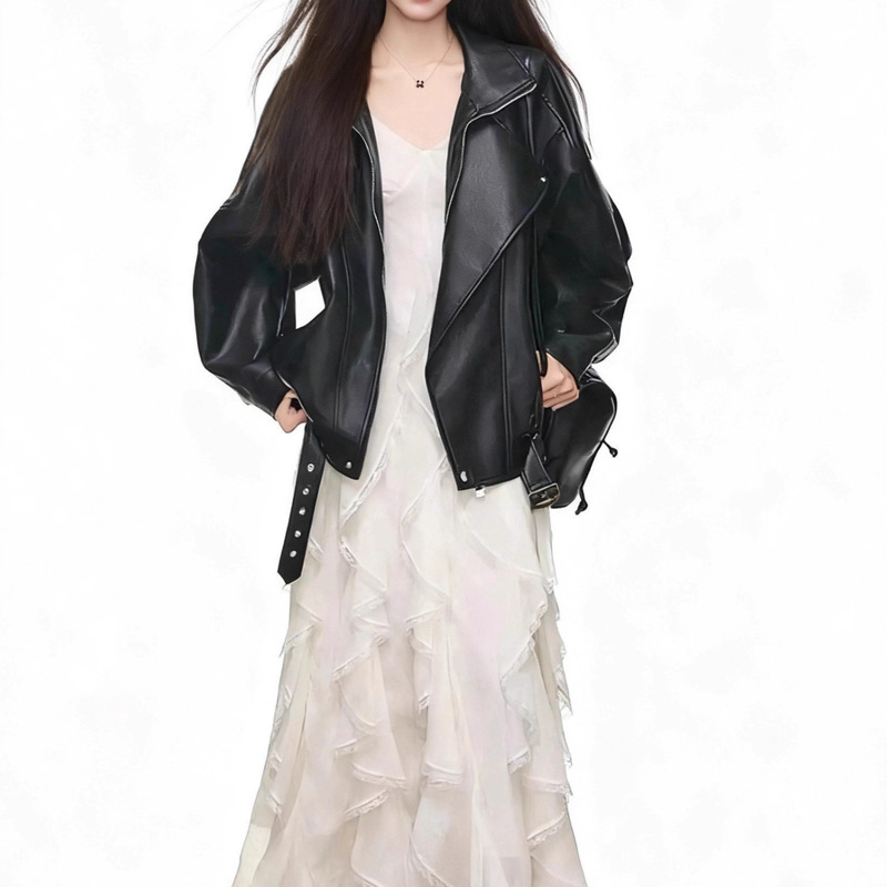 Women's Leather Jacket Autumn 2025 New American Style Cool Biker Loose High-End Super Popular Coffee Color Leather Jacket Women's Leather Jacket Autumn 2025 New American Style Cool Biker Loose High-End Super Popular Coffee Color Leather Jacket