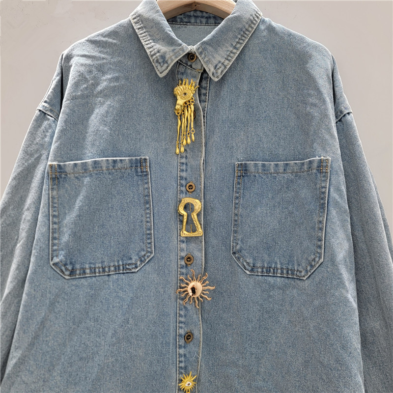 Camisa de Mezclilla Lavada para Mujer Manga Larga Cuello Polo para Primavera y Otoño image 2