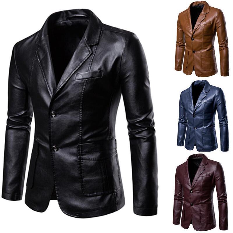 New Cross-border Amazon Solid Color Men's Slim-fit Suit Leather All-match PU Small Suit Lapel Leather Men's Jacket