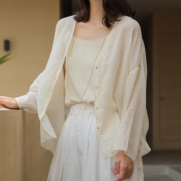 2025 New Summer Product Imported Pima Cotton V Neck Light See-Through Shirt Nine-Quarter Sleeve Light Sun Protection Shirt