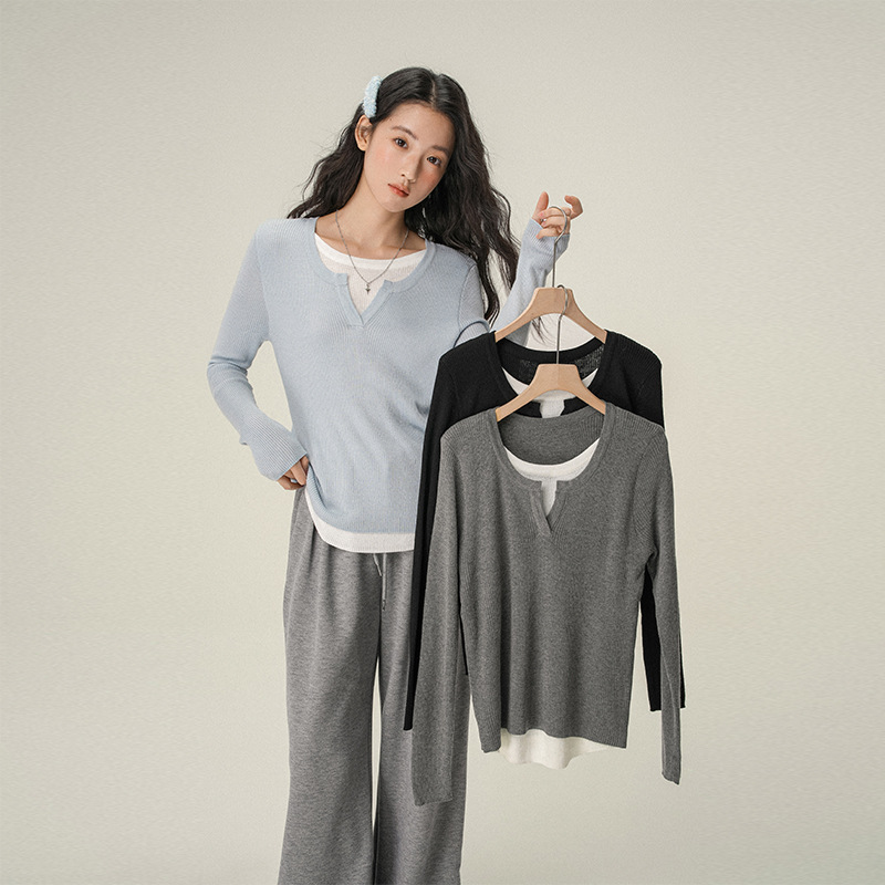 Jinyou Korean Contrasting Color Fake Two-Piece Right Shoulder Small V Neck Knitwear Long-Sleeved Women's Autumn Bottoming Knitwear Top Inner Wear