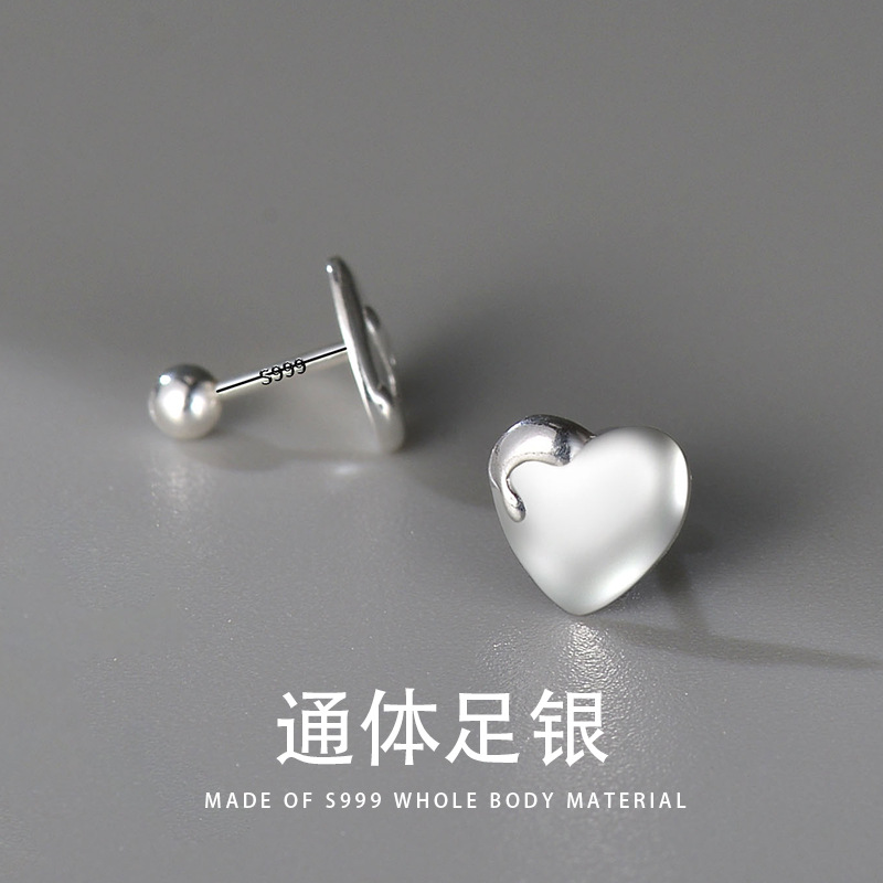 s999純銀清新甜美韓版少女心形愛心擰螺絲耳骨釘耳釘飾品通體純銀