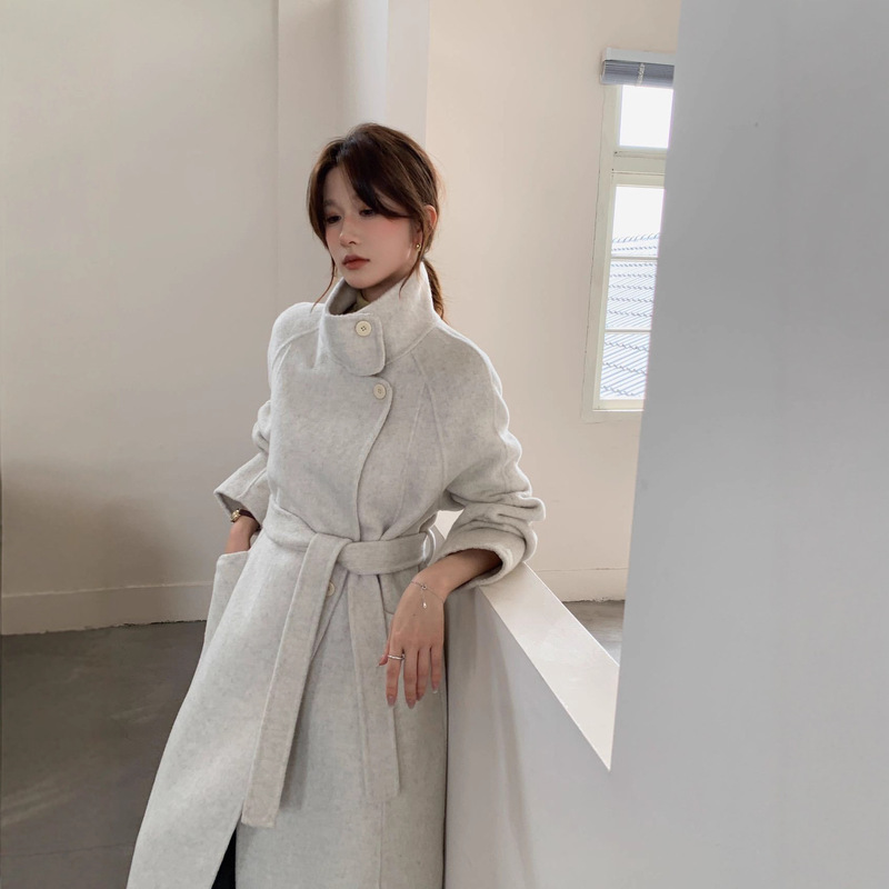 Hepburn Style Stand Collar Double-Sided Wool Outwear for Women Autumn and Winter New Style Lace-Up High-End Extended Wool Outwear for Women