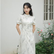 新中式汉元素水墨印花连衣裙女夏季新款温柔风系带收腰显瘦长裙