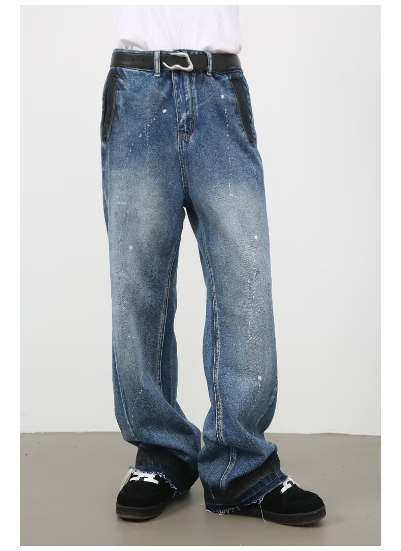 Men's Oversized Relaxed Fit Jeans Streetwear Splatter Wash Vintage Blue Paint Effect Denim (XS-3XL)_mkmklike.com