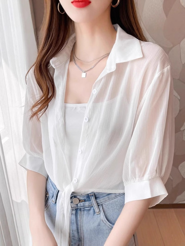 Summer chiffon cardigan sun-protection clothes, women's thin small shawl top, outer matching skirt, blouse, ice silk chiffon shirt