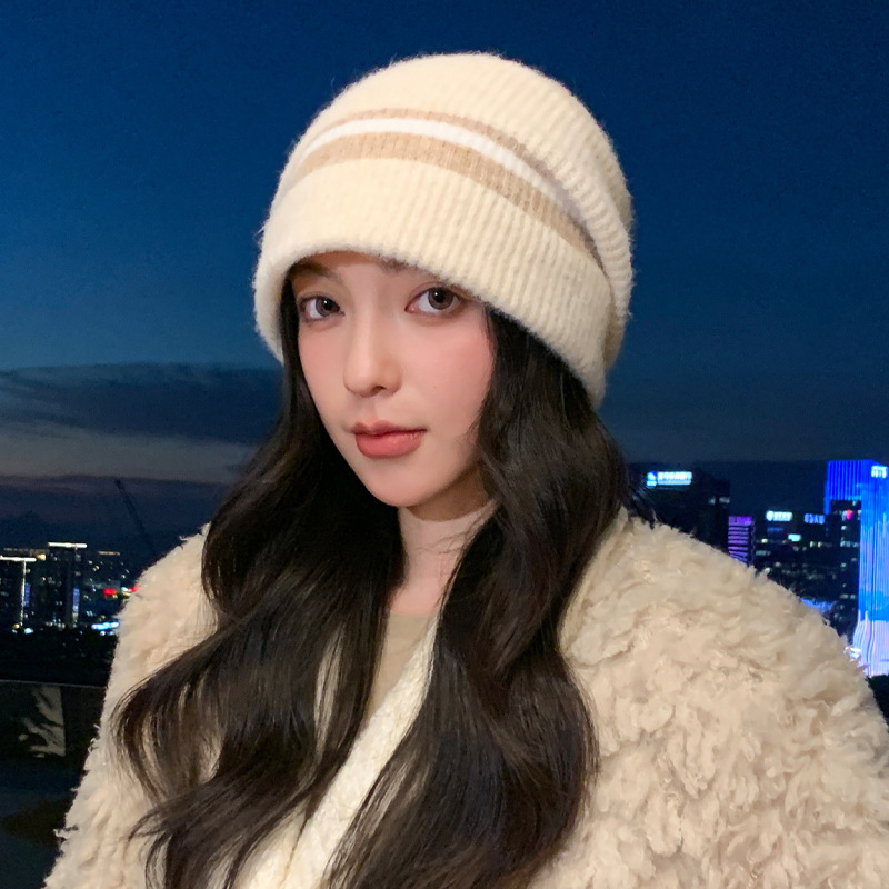 帽子女时尚百搭拼色针织毛线帽秋冬季休闲防寒保暖帽显脸小包头帽|undefined