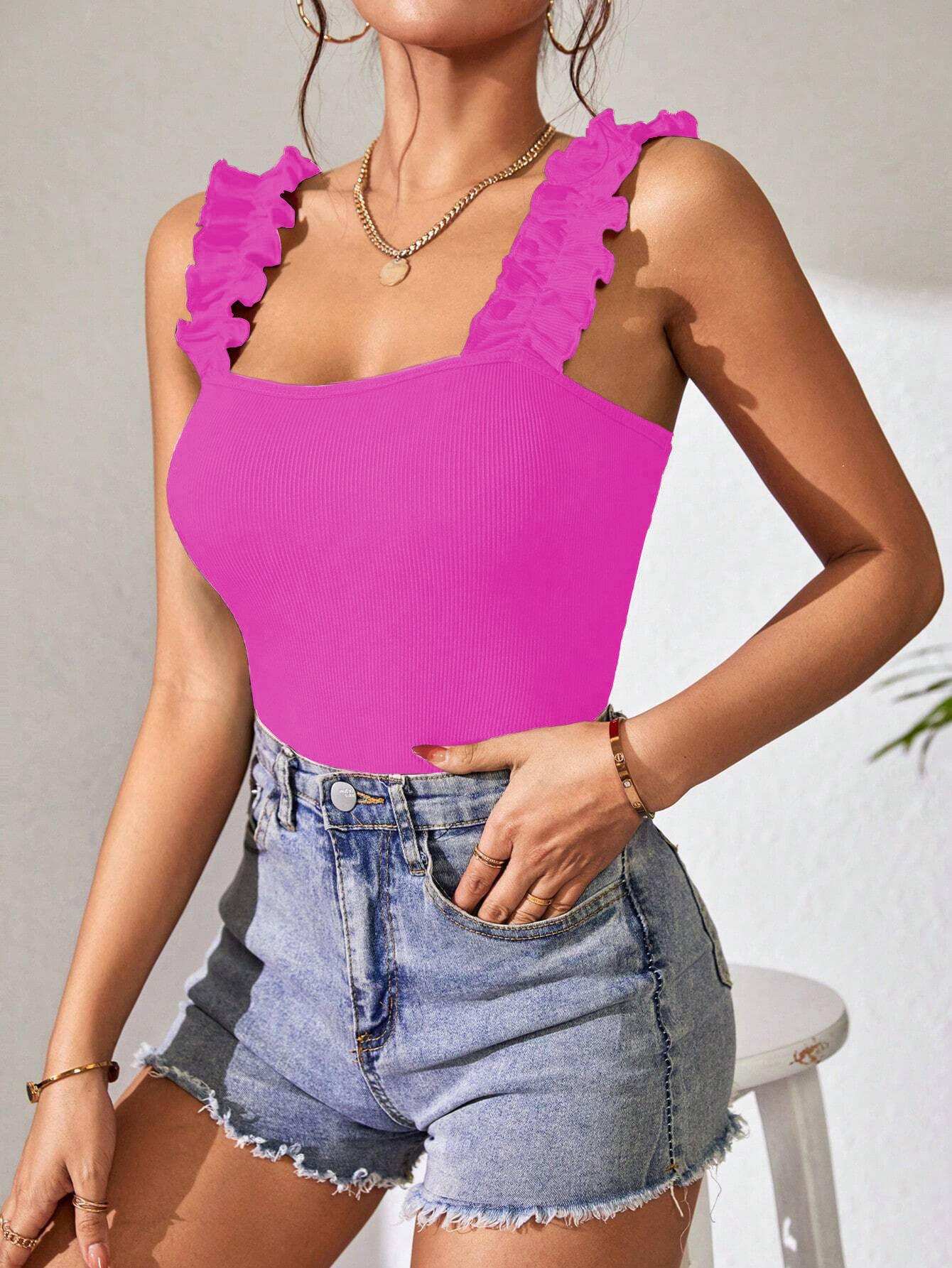 133g Weight Sleeveless Sleeve Length Spandex, Polyester Fabric Type Mid Waist Waist Line Rompers Pants Type Stretchy Elasticity Bodysuits Tops Type Holiday, Daily Occasion Skinny Fit Type Solid Color Pattern Summer Season Women's Gender Ruffles Design Sexy, Streetwear Style Wholesale Women's Sexy Streetwear Solid Color Sleeveless Ruffles Bodysuits 7
