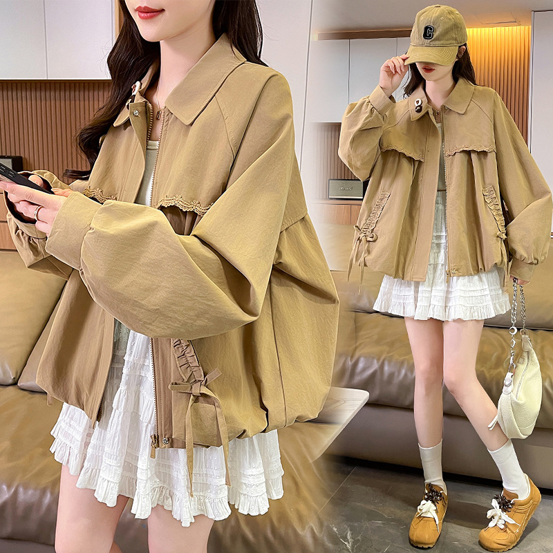 Sweet Style Doll Collar Lace Trim Loose-Fitting Jacket for Women 2026 Spring New Short Jacket Top Sweet Style Doll Collar Lace Trim Loose-Fitting Jacket for Women 2026 Spring New Short Jacket Top