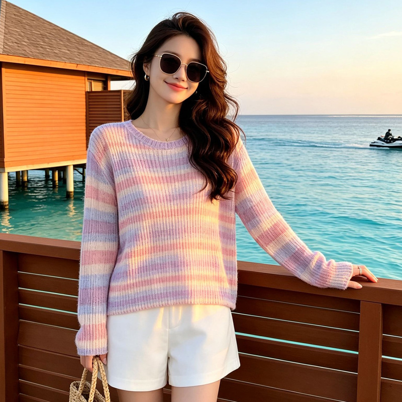 Rainbow striped mohair knit sweater for women, autumn lazy style, round neck, loose fit, slimming, thin cover-up, vacation top
