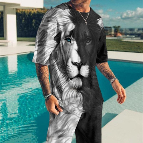 New cartoon 3D printed men's T-shirt sports set casual plus-size short sleeve for cross-border trade