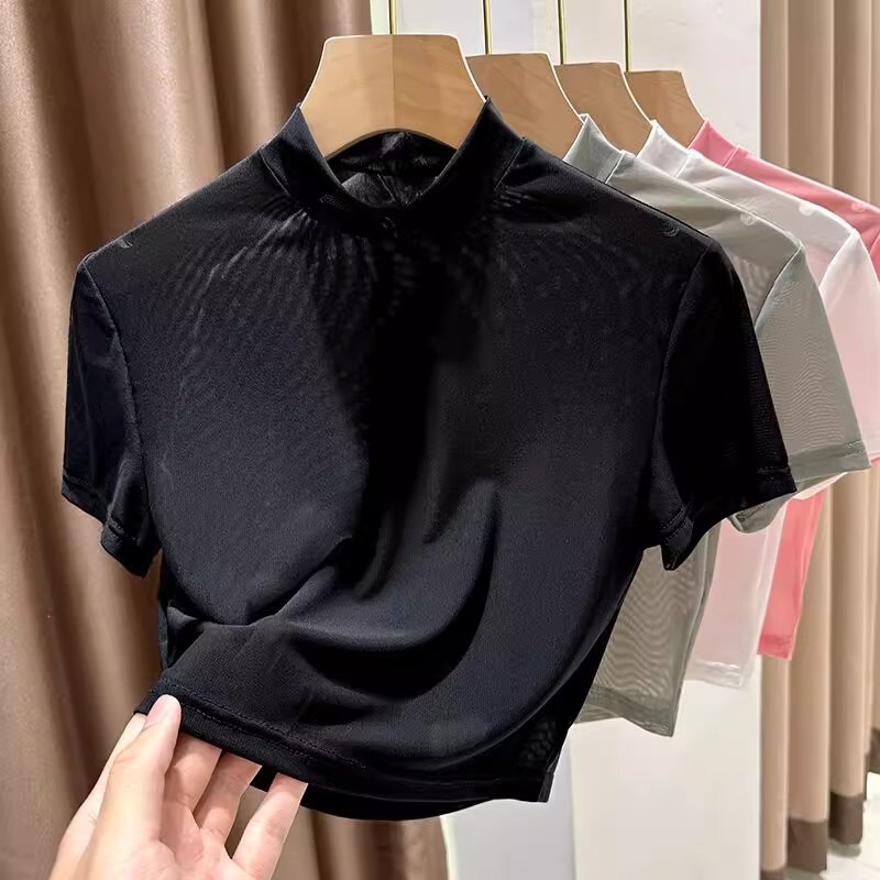 Women's Short-Sleeve T-Shirt with a Small Stand Collar, Mesh, Transparent Base Shirt, Thin, Body-Hugging, Slim-Fit, Waist-Exposing, Short, Sexy Top