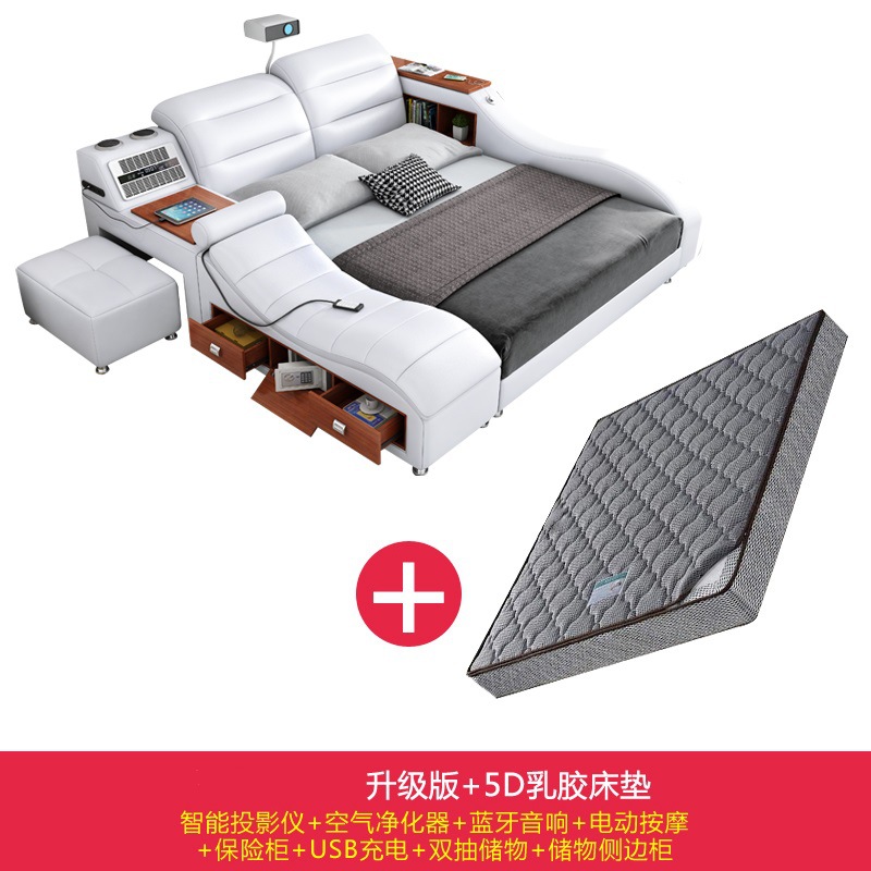 Masaje inteligente tatami cama moderna minimalista multifuncional de almacenamiento de cuero real cama suave doble 1,8 m dormitorio principal cama de boda image 11