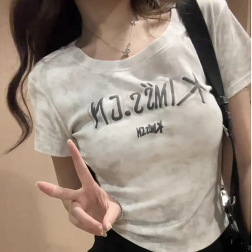 Women's Summer Small Subculture Tie-Dye Letter U-Neck Short Sleeve T-Shirt - Pure Desire Hot Girl Top