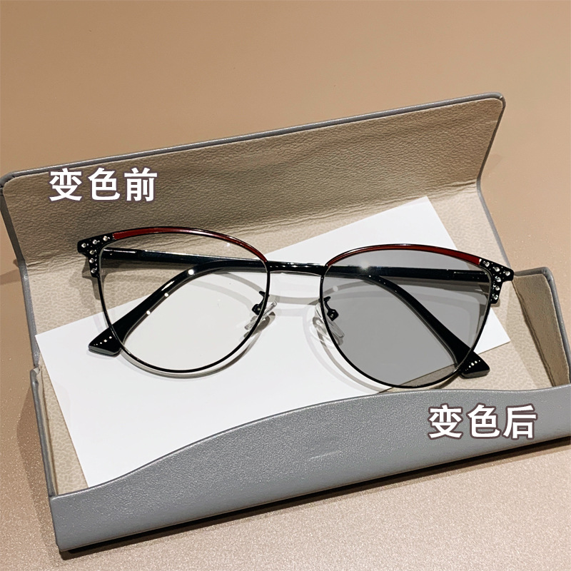 Diamond-Studded Photochromic Fashion Cross-Border Cat-Eye European and American Style Glasses, Face-Slimming Anti-Blue Light Prescription Glasses