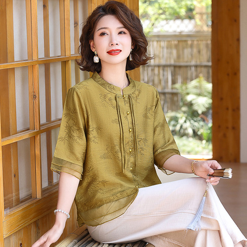 2025 New Mother Summer Set for Women, Youthful 50-Year-Old Fashion, Chinese Style, Elderly Women's Stylish and Trendy Two-Piece Set
