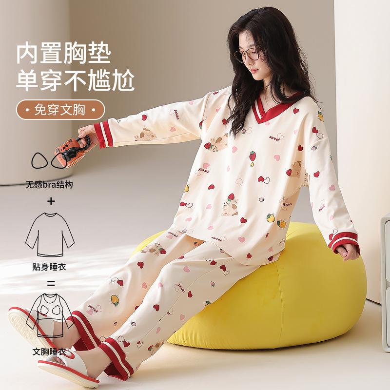 [with Chest Pad] Pajamas Women Autumn 100% Cotton Long Sleeve Trousers Set Cartoon Girl Can Be Worn Outside Homewear