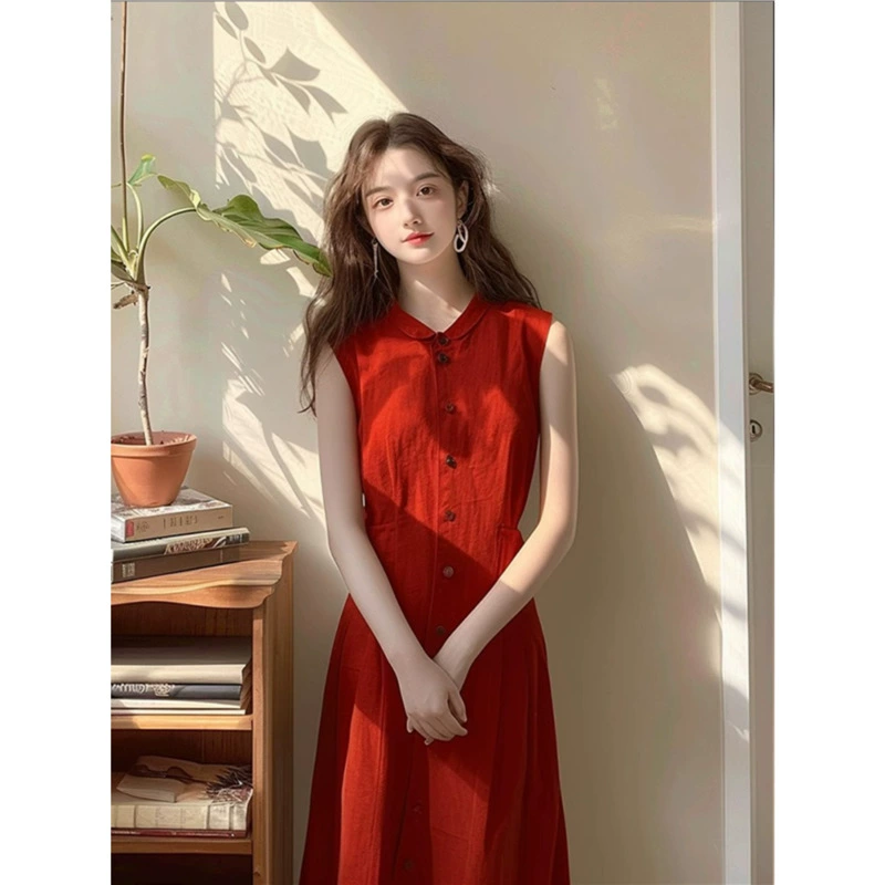 2646 Красный без рукавов хлопчатобумажное льняное платье женский новый летний премиум-вид супер красивый, уникальный и красивый лен