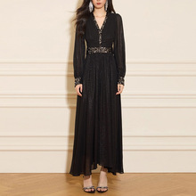 2025秋季法式星空的秘密黑色深V亮片拼接连衣裙高端细闪宴会礼服