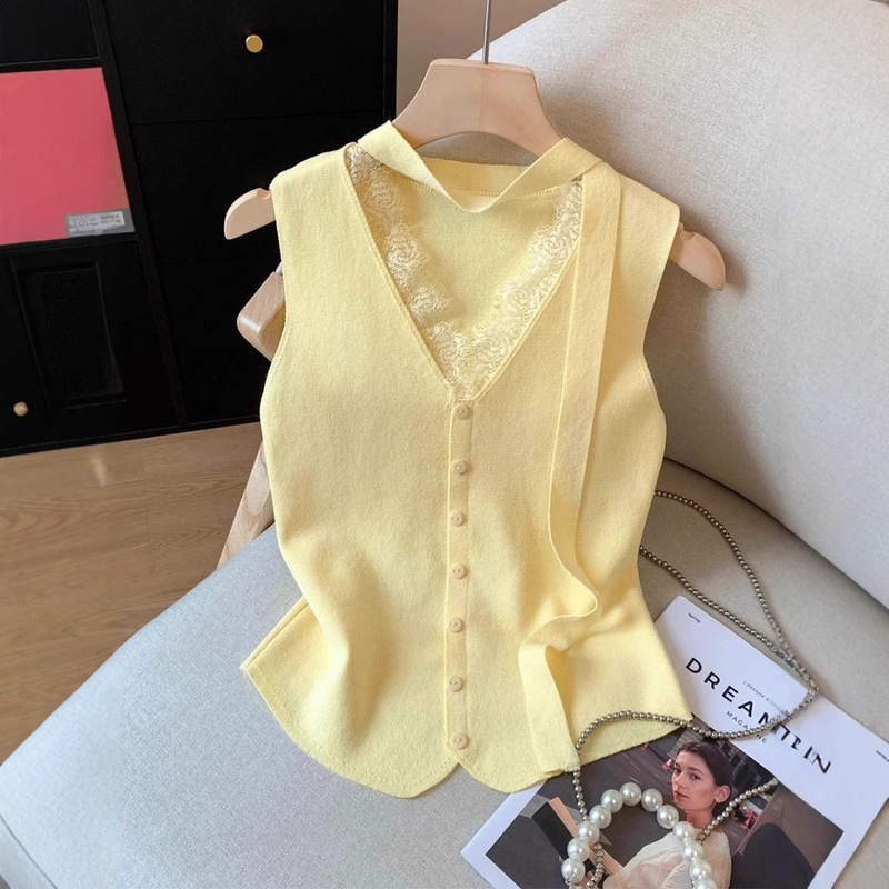Yellow Lace Splicing V Neck Knitwear Vest for Women in Summer, Sleeveless, Slim Fit, Trendy Inner and Outer Tops