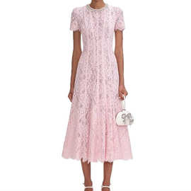 欧美跨境春夏新款女式优雅蕾丝连衣 裙珍珠钻饰圆领短袖修身A字裙