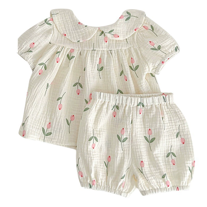 2025 детская пердежная одежда с короткими рукавами, летний марлевый треугольный комбинезон, комбинезон для девочек, костюм тюльпана, наряд сестры