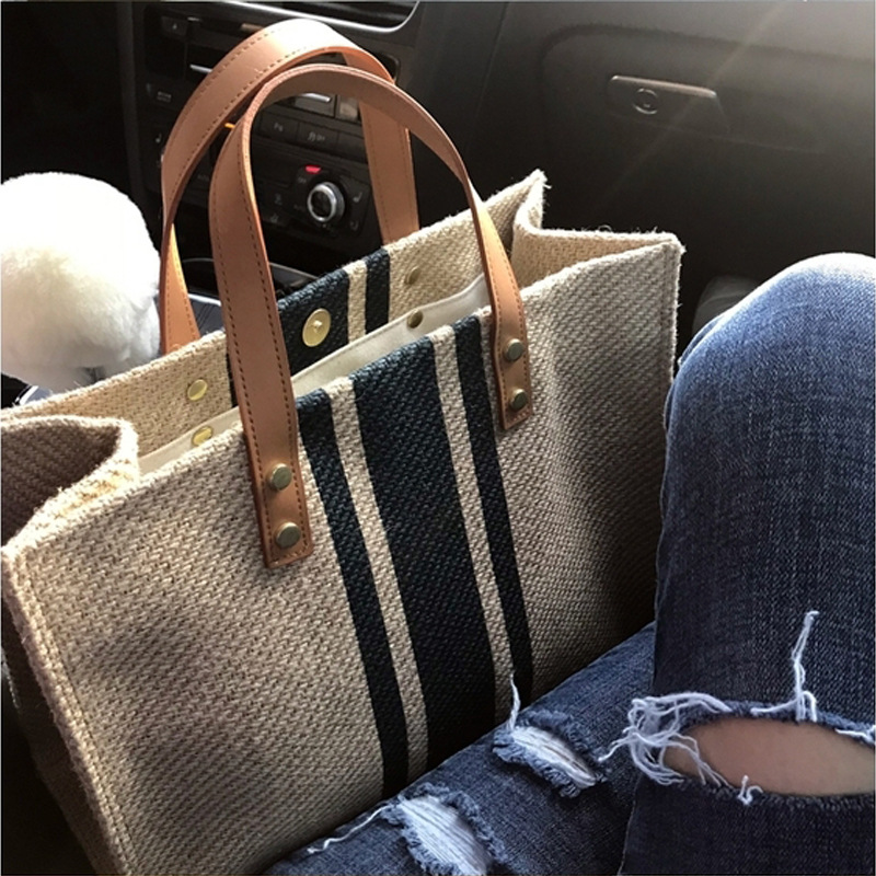 Korean women's hand-held briefcase professional commuting stripe simple one shoulder large bag ins large capacity canvas bag