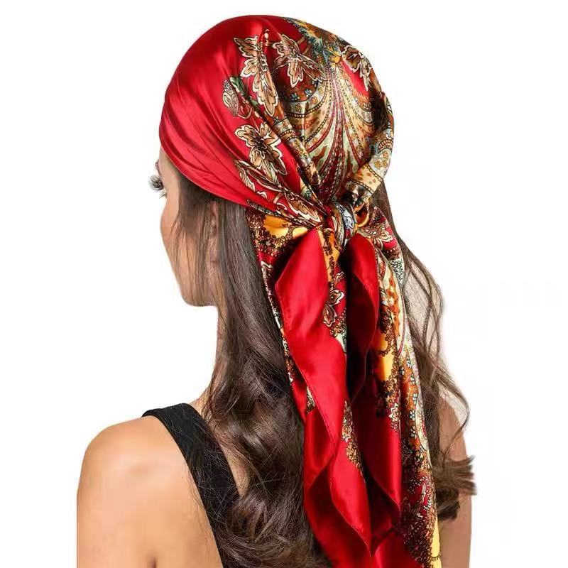 90cm Cross-Border Satin Square Scarf Headscarf New Style Street Retro Simple European and American Wholesale Bandanas 90cm Cross-Border Satin Square Scarf Headscarf New Style Street Retro Simple European and American Wholesale Bandanas