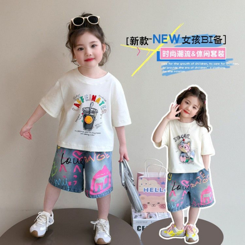 女童夏季薄款套装2025新款中大童儿童印花短袖T恤女孩牛仔两件套|undefined