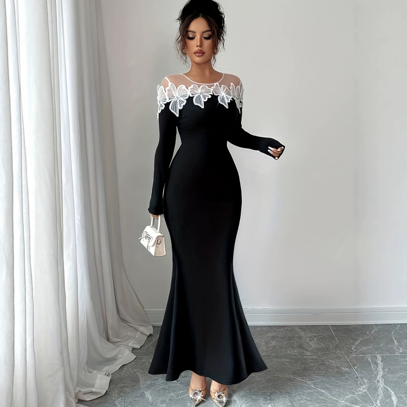 French-style women's clothing, light luxury sheer mesh butterfly embroidery fishtail dress, long-sleeved slim-fit bodycon gown French-style women's clothing, light luxury sheer mesh butterfly embroidery fishtail dress, long-sleeved slim-fit bodycon gown