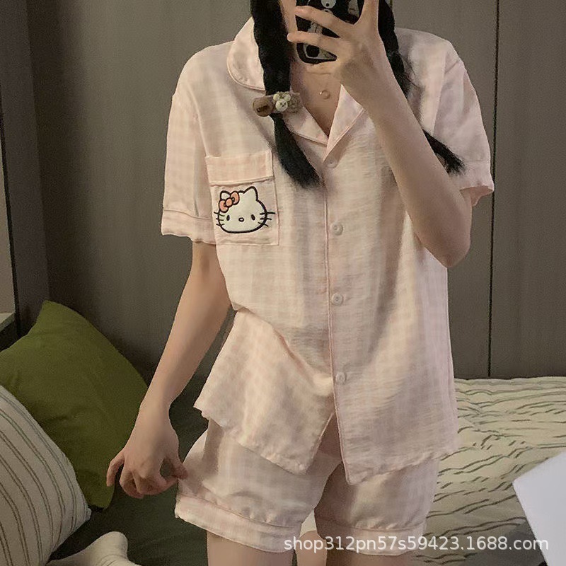 云朵棉短袖睡衣女夏季简约桃心印花夏天可外穿家居服套装跨境批发|undefined