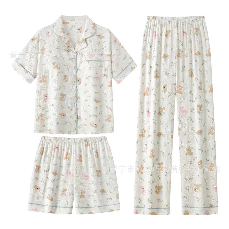 Hermosos pijamas de tela de rabu mujeres primavera y otoño verano nubes de algodón dulce mangas cortas pantalones cortos de tres piezas ropa para el hogar