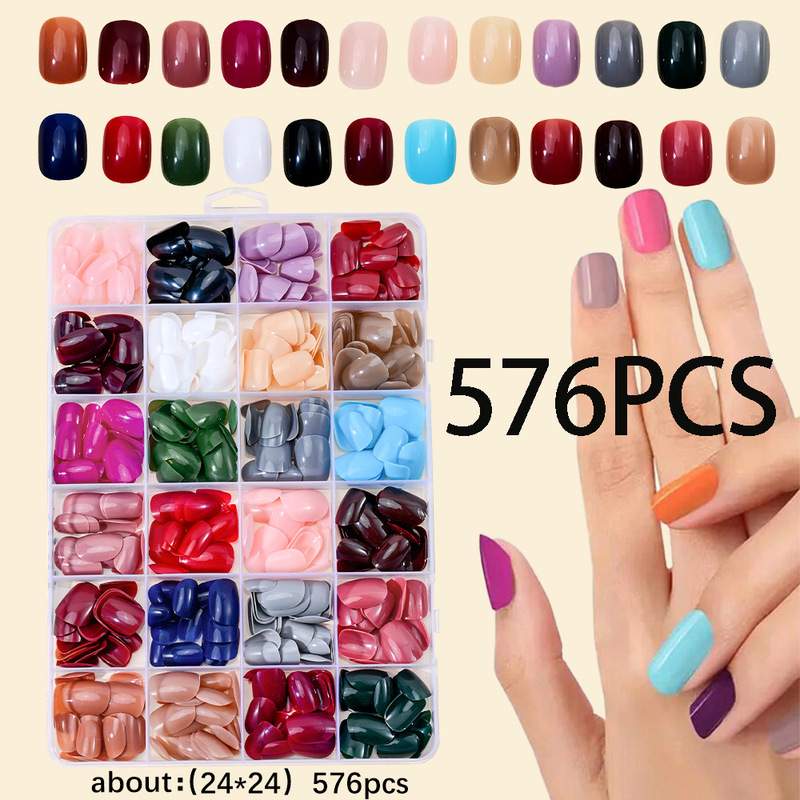 Cross-Border 24 Gridss 576 Colorful Short Wearable Nails Simple Fashionable Manicure Nails Removable Fake Nails Wholesale