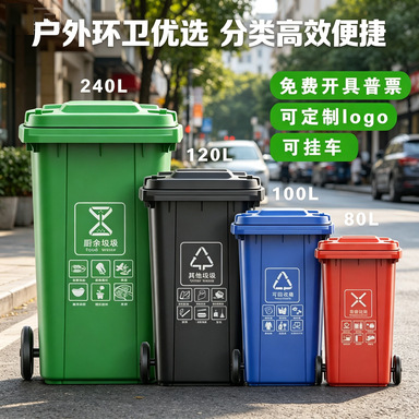 环卫垃圾桶大容量240升商用带盖塑料厚120户外分类小区环保挂车桶