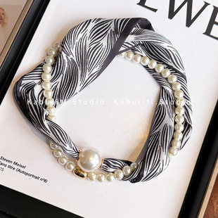 Black and White Magnetic Clasp Pearl Necklace Narrow Long Silk Scarf Women's Neck Protector Professional Matchinging Shirt Thin Scarf