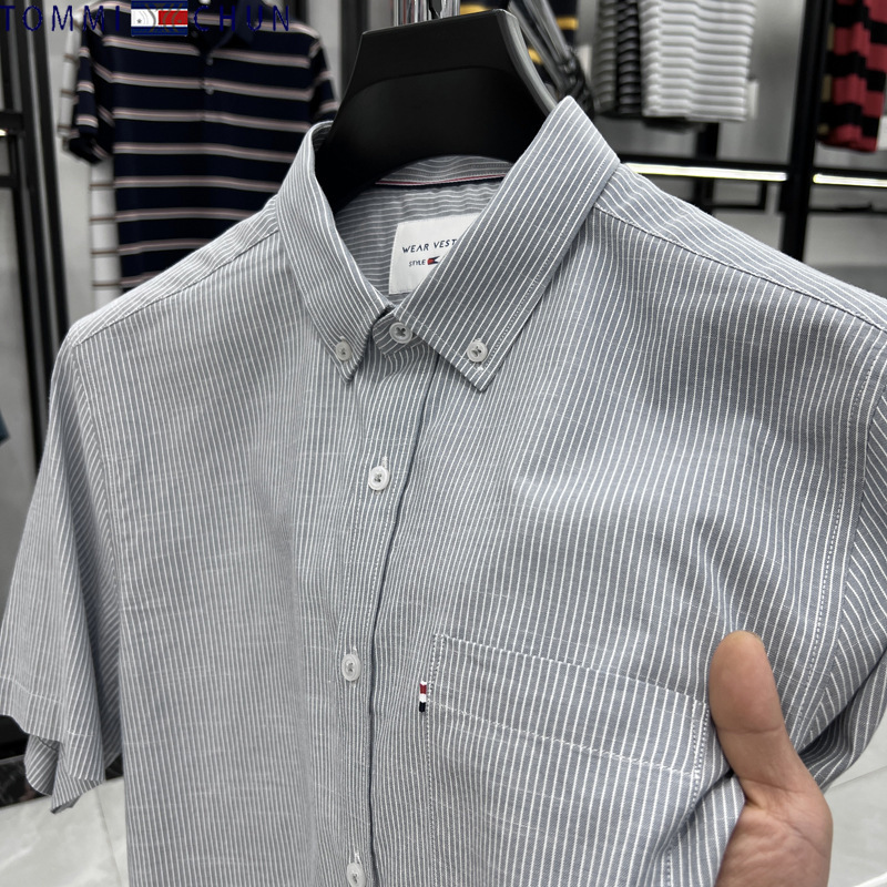 genuine goods Tommy Short Sleeve Shirt Men's 2024 Summer Thin Fashion Business Striped Middle-aged Shirt