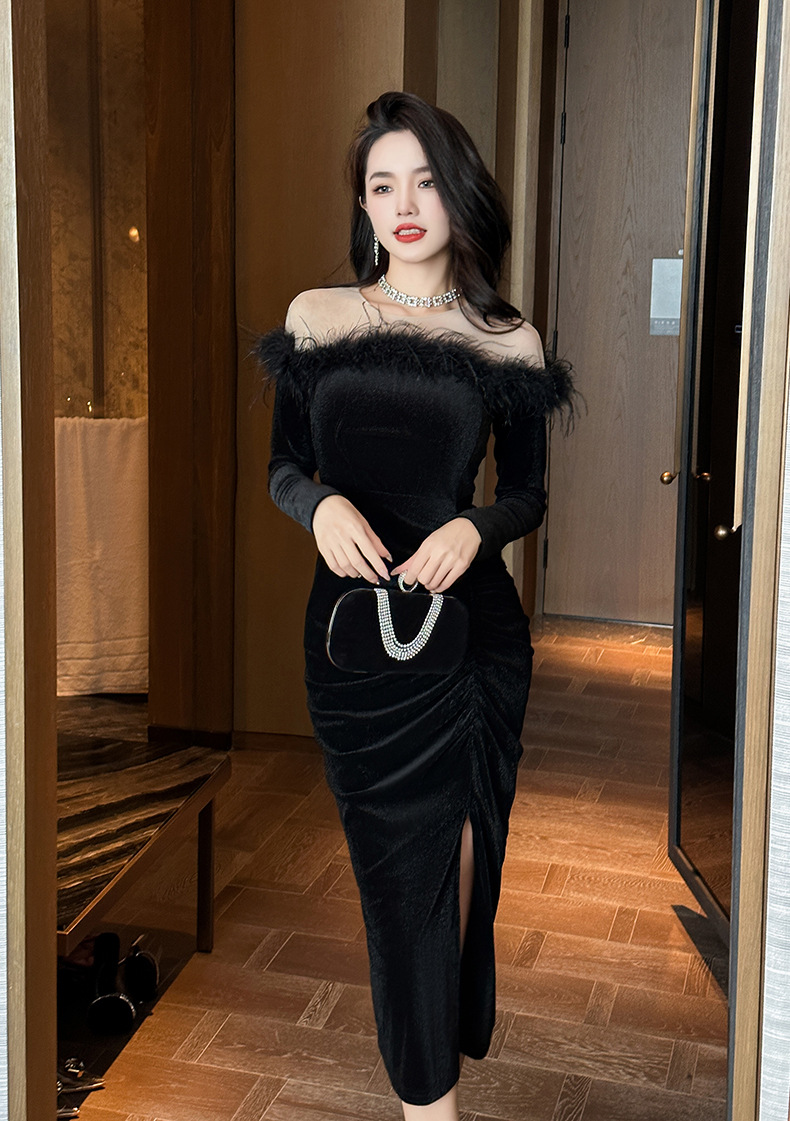Đầm maxi nhung tua rua phong cách tiểu thư Pháp — Màu đen chi tiết 6