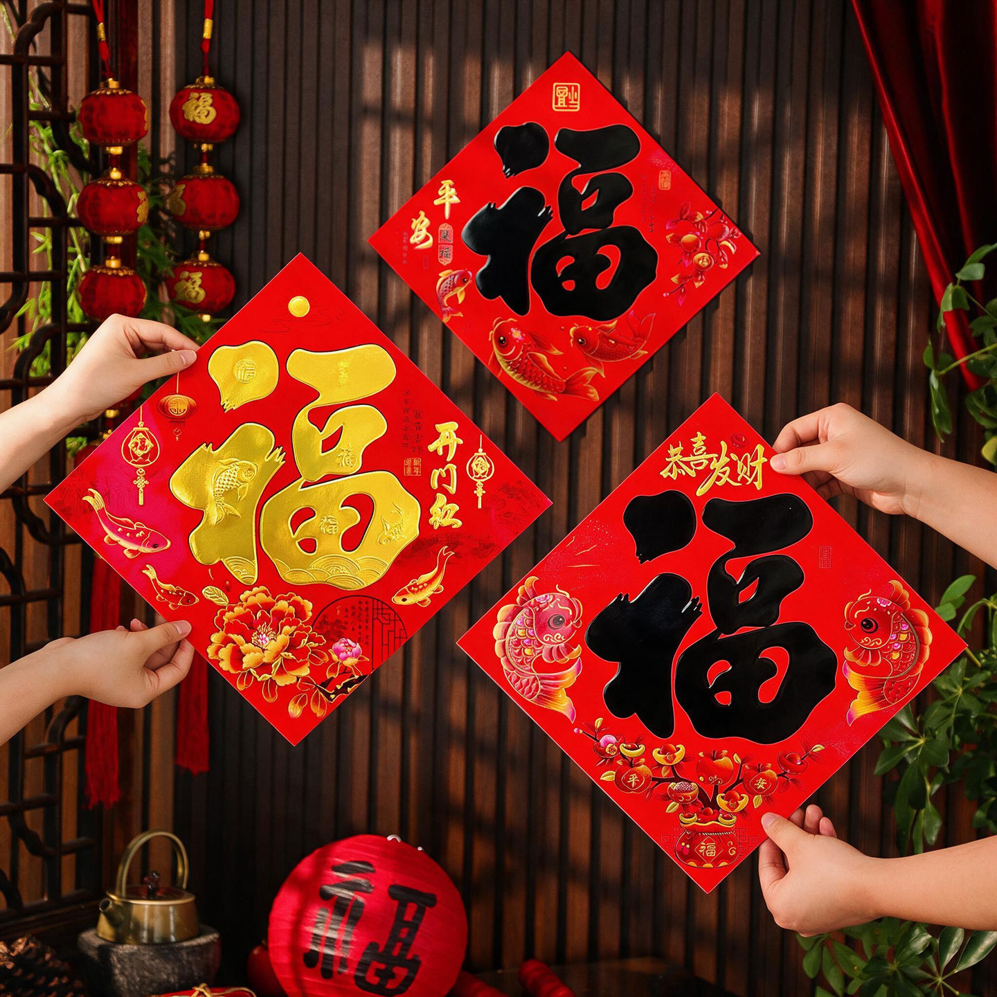 2027 Year of the Sheep 30 # Fortune Character Door Stickers for Spring Festival Decoration, New Year Entrance Door Home-Use Calligraphy Uv Gold Fortune Characters.